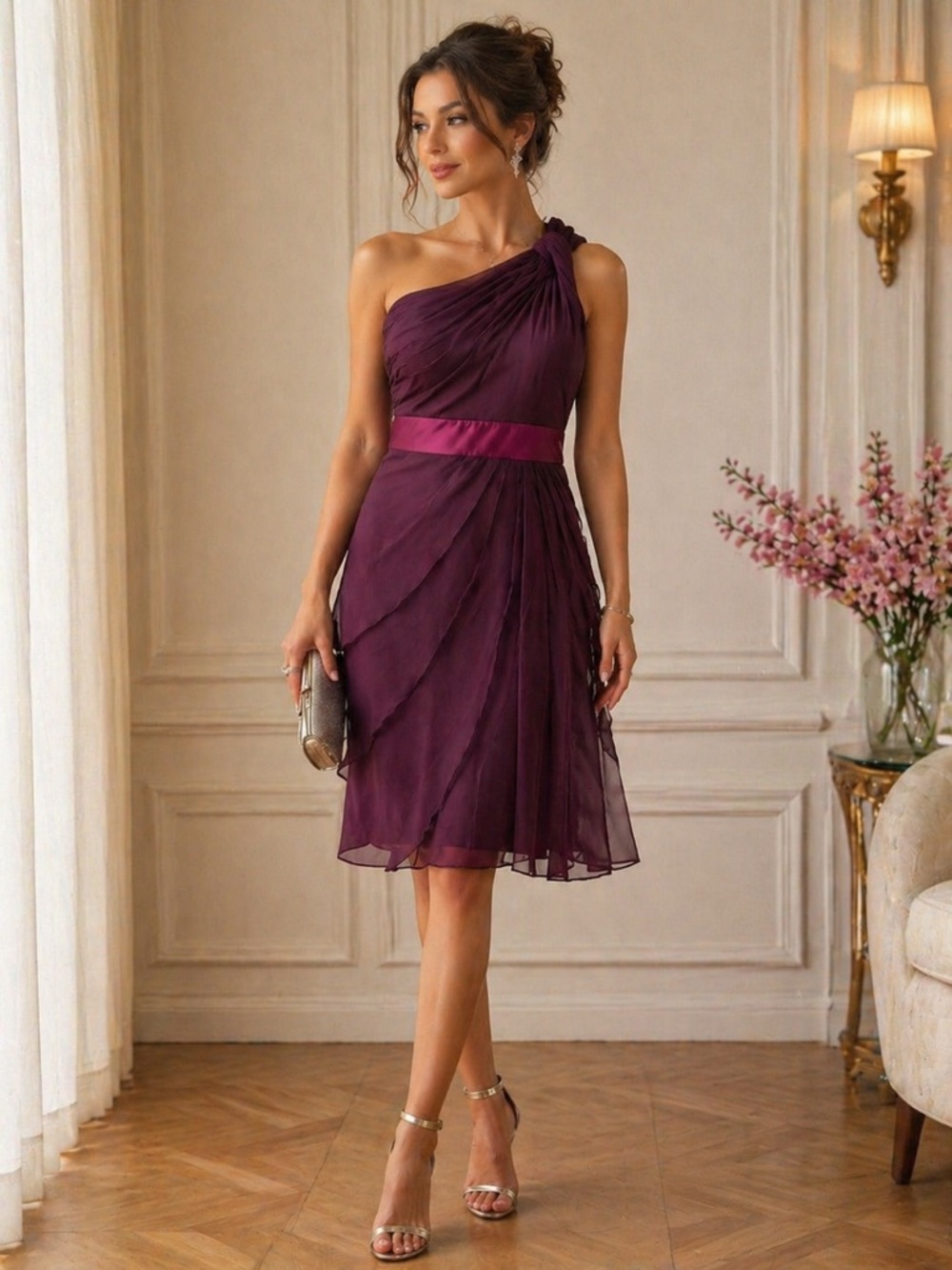 Adrianna Papell Plum One Shoulder Chiffon Dress Layered Petal Skirt Size 8